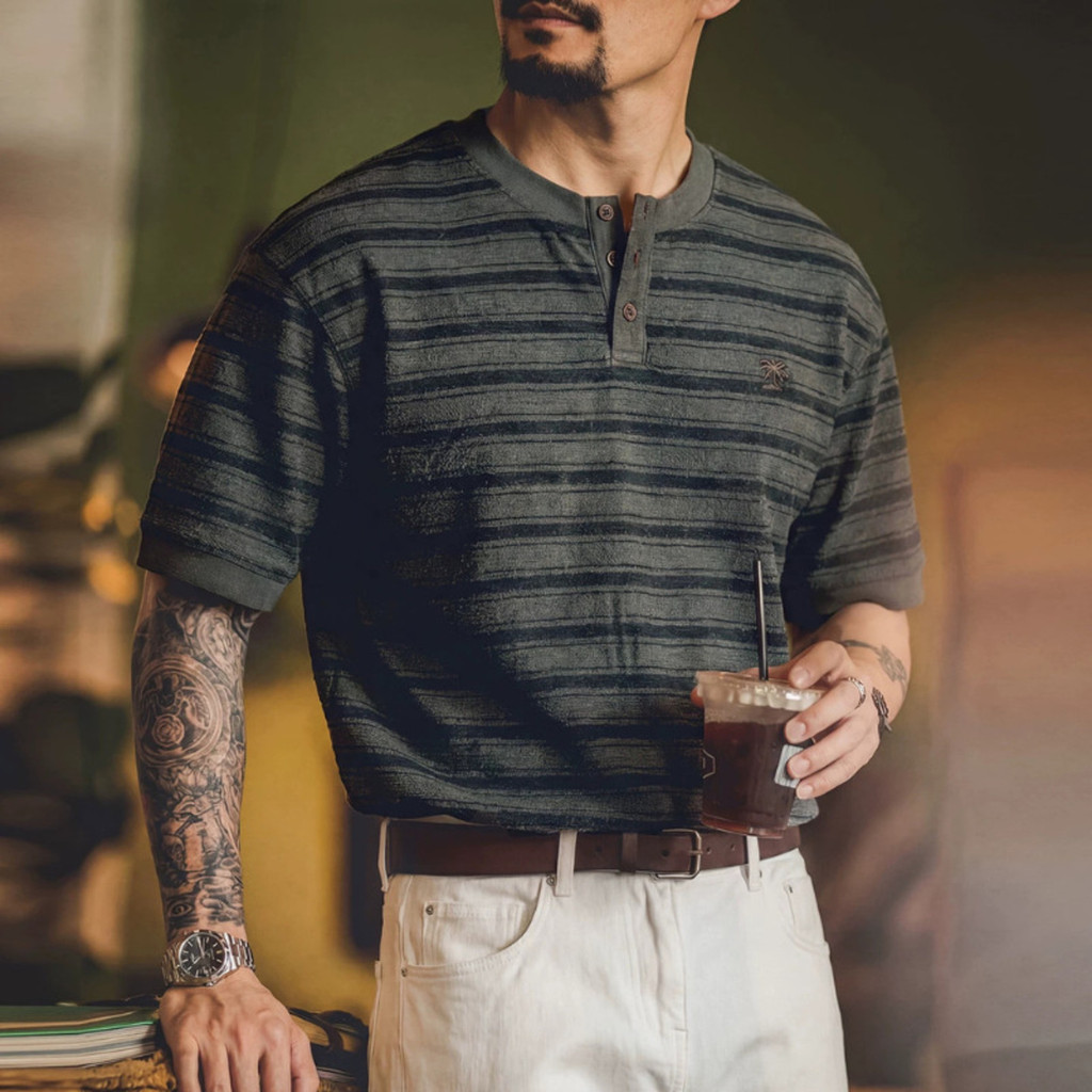 Striped Henry Collar Textured T-Shirt