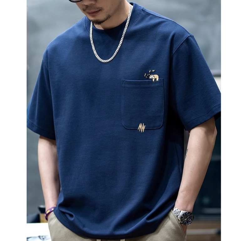 260g Mige Short-Sleeved t-Shirt Men Street Wear Small Sloth Embroidery Pocket Loose Casual Half-Sleeved t-Shirt