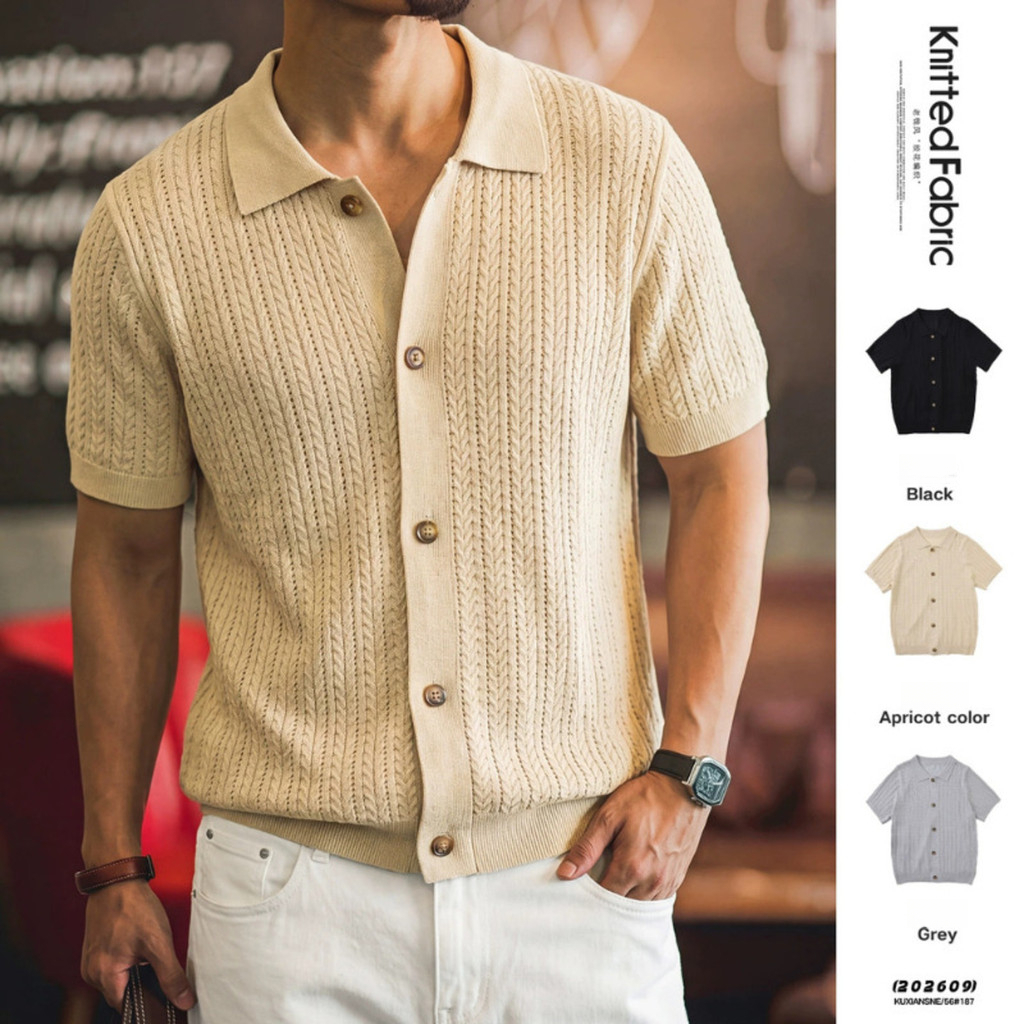 Wuluwear American Retro Twisted Knitted POLO Shirt Men Summer New Style Loose Breathable Lapel Casual Commuter Short-Sleeved Top