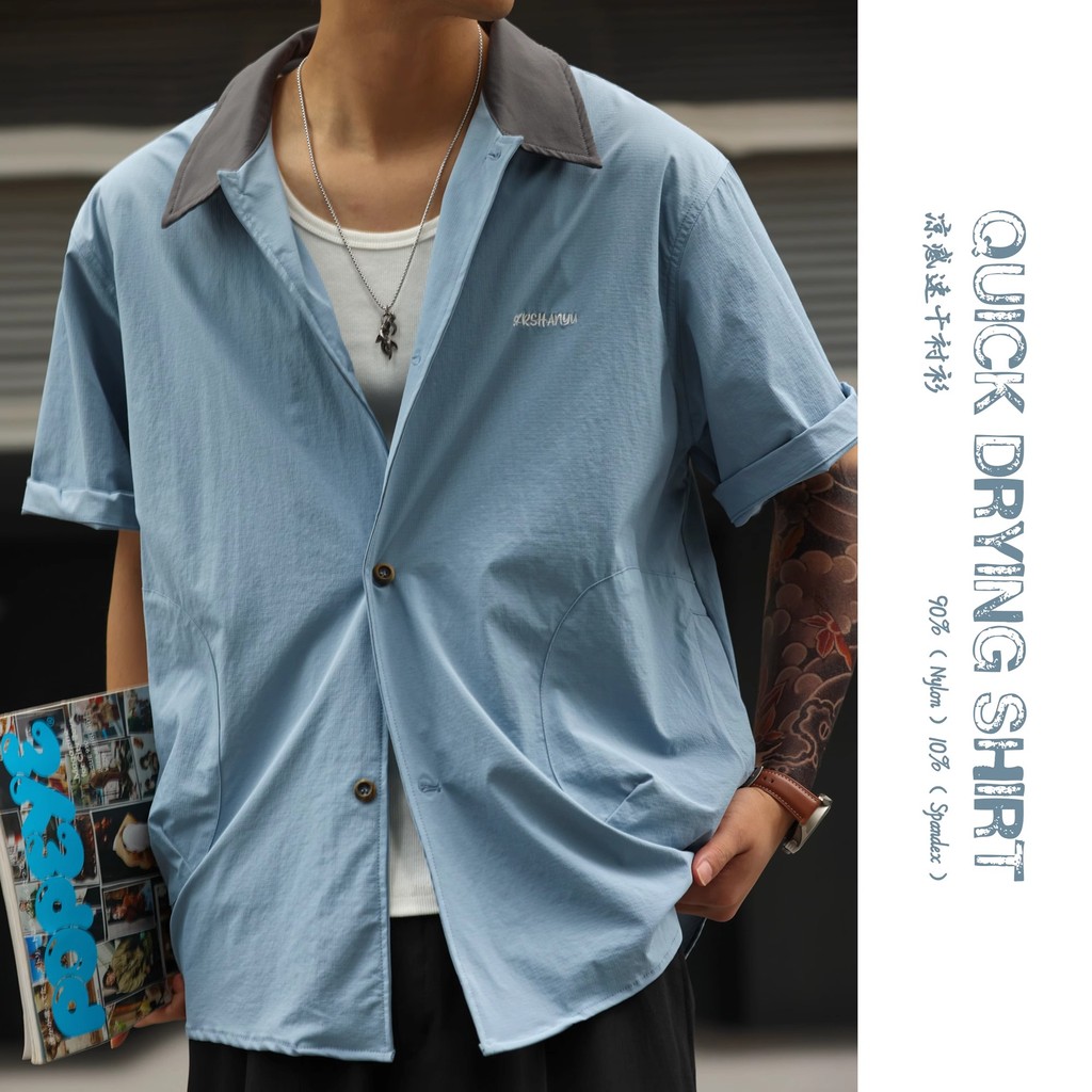 Barn Style Cool Quick-Drying Short-Sleeved Shirt Men Thin Style Diary Wear Shirt Summer