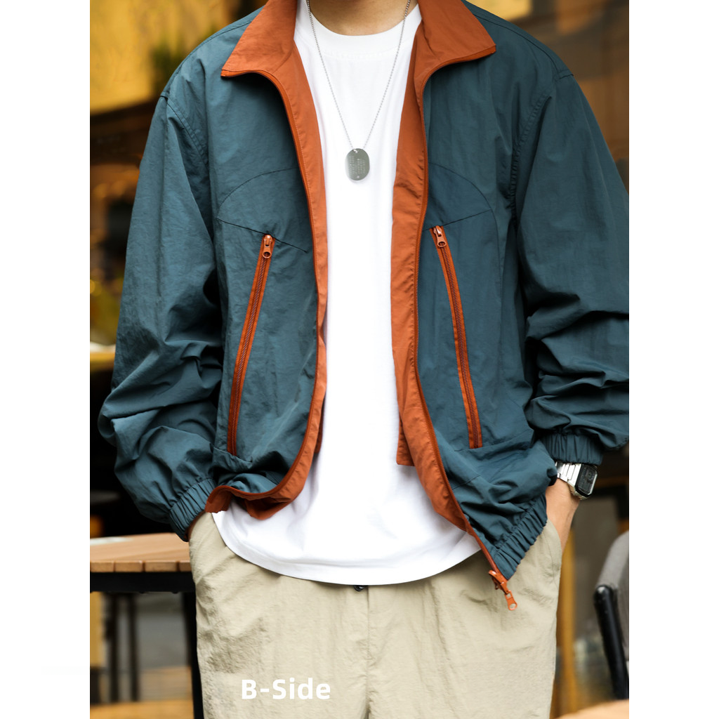 Two-Sided Woven Jacket Men Loose Multi-Pocket Stand Collar Retro Jacket Jacket