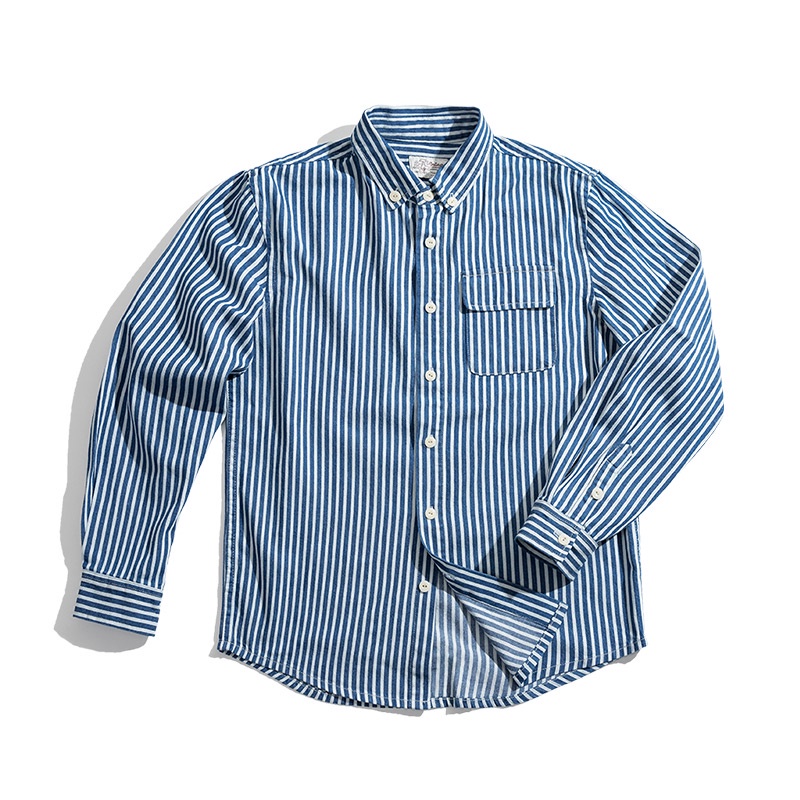 Striped Shirt Men Retro American Blue Denim Thick Vertical Striped Shirt Long-Sleeved Lapel Shirt Men's Trendy