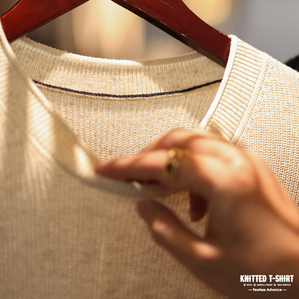 Wuluwear American Casual Tencel Linen Short-Sleeved Sweater Men cleanfit Texture Simple Round Neck T-Shirt