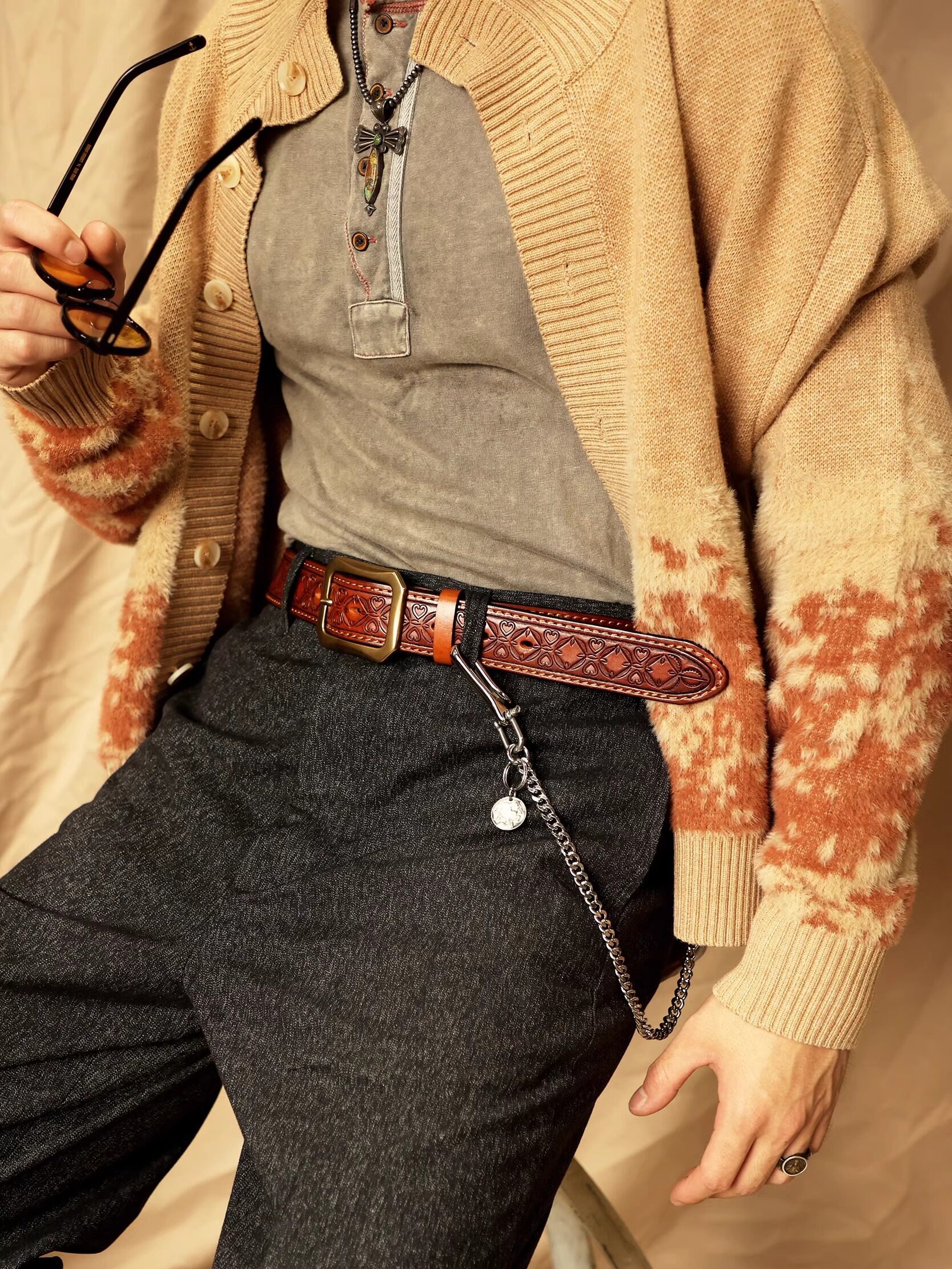 Vintage American-style embossed leather belt