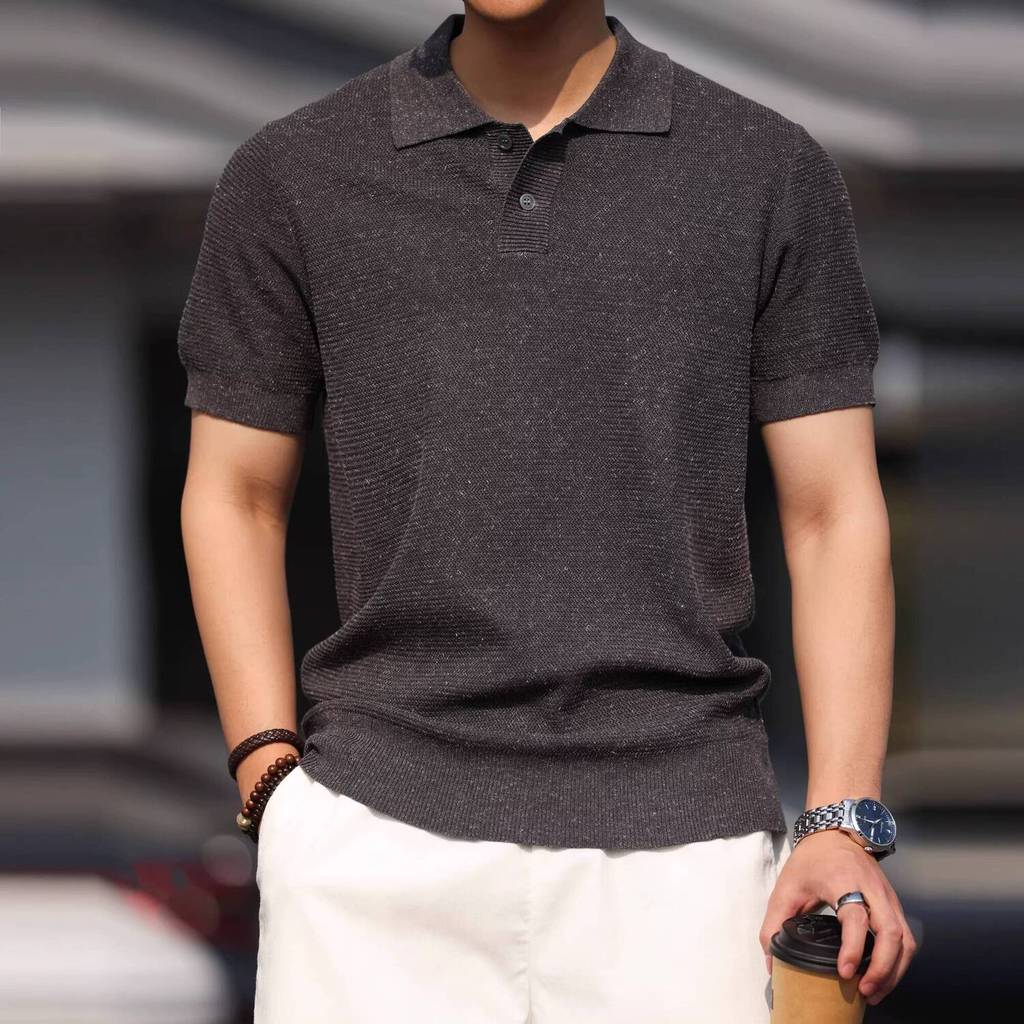 Tencel Linen Short-Sleeved POLO Shirt Men Basic Style Breathable Casual Lyocell Knitted Lapel T-Shirt