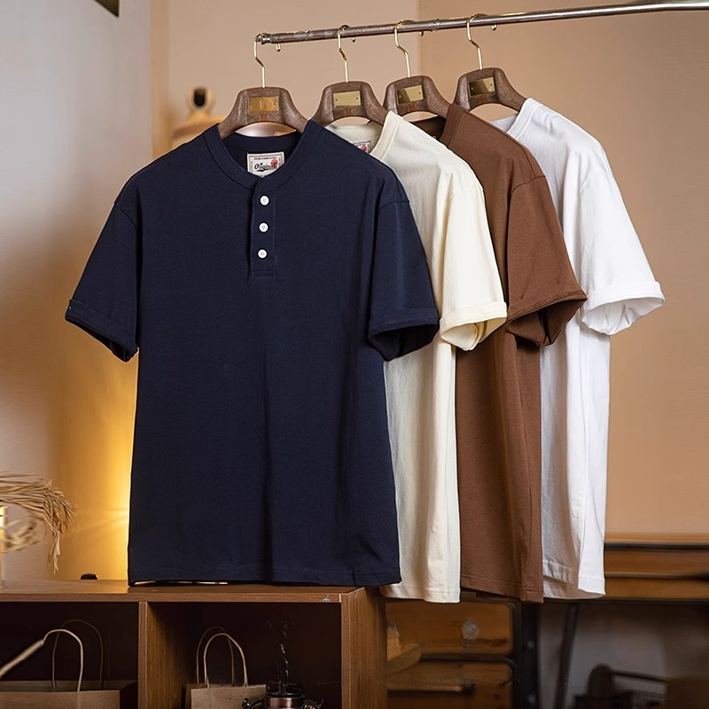 Wuluwear Henry Collar polo Shirt Men's Short-Sleeved Summer 100% Cotton Half-Sleeved Slightly Loose t-Shirt Men