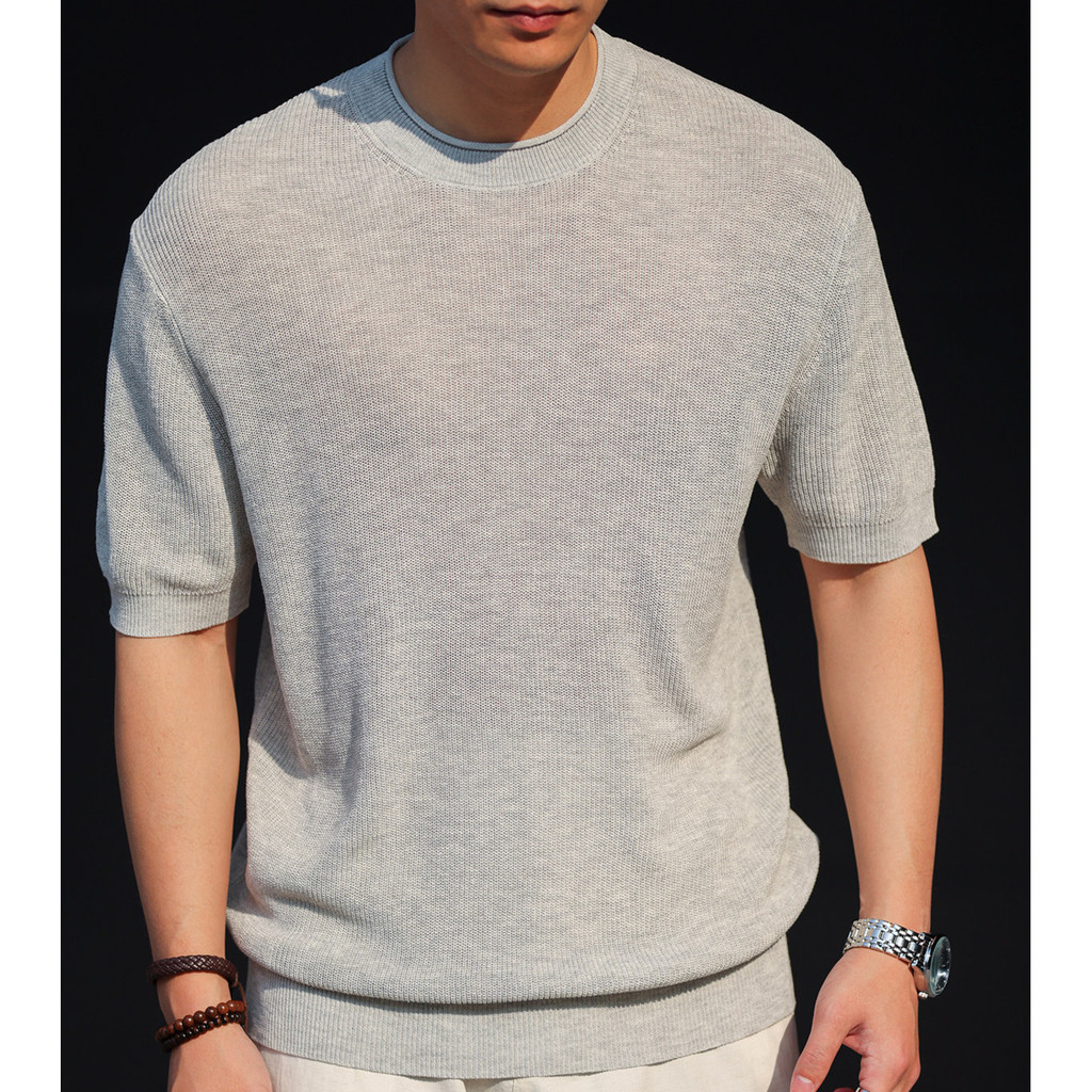 Wuluwear American Casual Tencel Linen Short-Sleeved Sweater Men cleanfit Texture Simple Round Neck T-Shirt