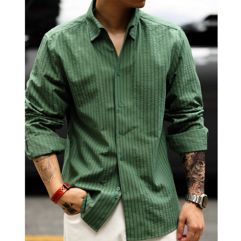 Wuluwear American Micro-Pleated Striped Texture Long-Sleeved Shirt Men Yuppie Old Money Style Casual Shirt Autumn