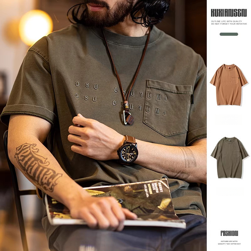 260g Pure Cotton Short-Sleeved t-Shirt Men Washed Embroidered Round Neck Half-Sleeved t-Shirt