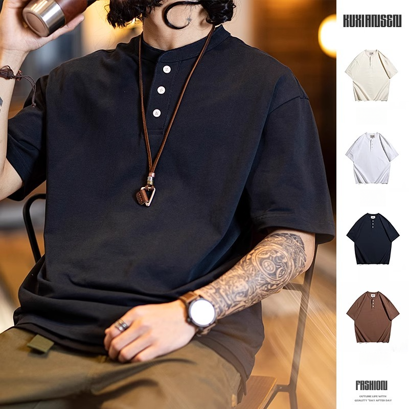 Wuluwear Henry Collar polo Shirt Men's Short-Sleeved Summer 100% Cotton Half-Sleeved Slightly Loose t-Shirt Men