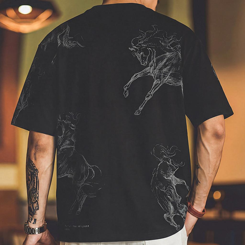 Wuluwear American Linen Blended Year of the Horse Printed Short-Sleeved T-Shirt Men Summer Loose All-Match Round Neck Design Bott