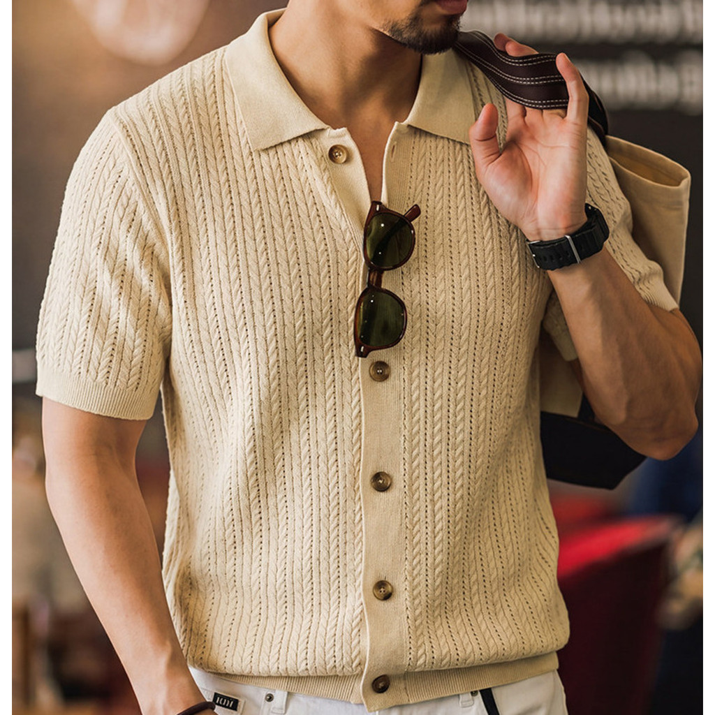 Wuluwear American Retro Twisted Knitted POLO Shirt Men Summer New Style Loose Breathable Lapel Casual Commuter Short-Sleeved Top