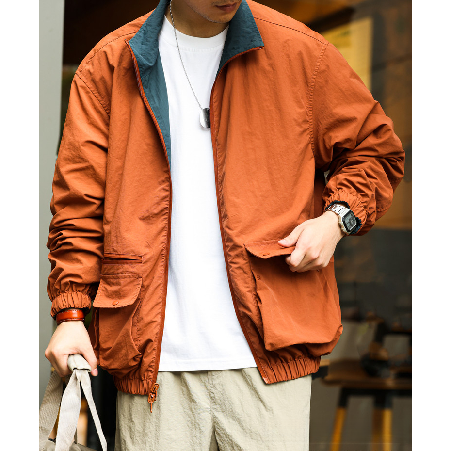 Two-Sided Woven Jacket Men Loose Multi-Pocket Stand Collar Retro Jacket Jacket