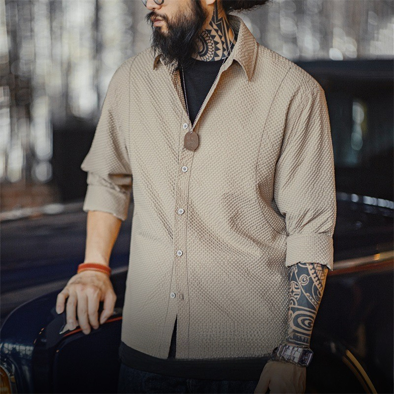 100g Casual Seersucker Non-Iron Long-Sleeved Shirt Texture Thin Lapel Shirt Jacket Men Autumn