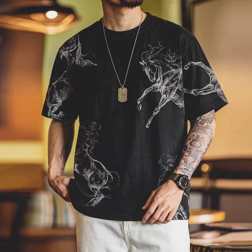 Wuluwear American Linen Blended Year of the Horse Printed Short-Sleeved T-Shirt Men Summer Loose All-Match Round Neck Design Bott