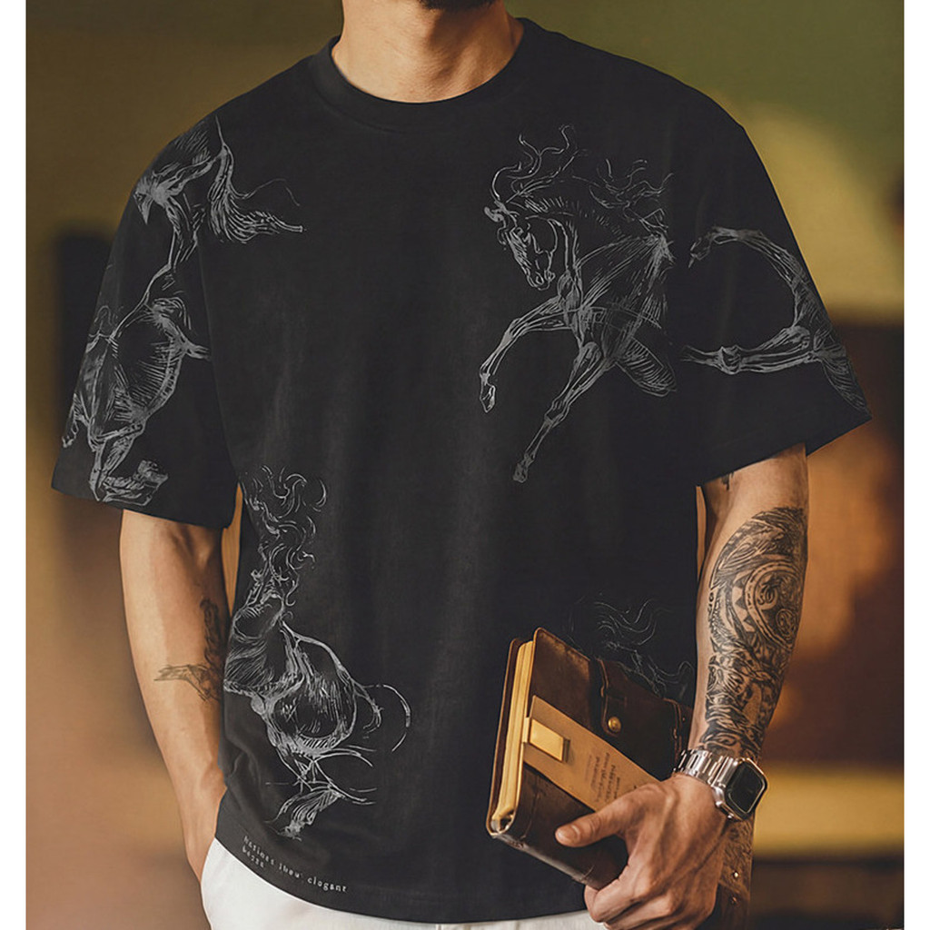 Wuluwear American Linen Blended Year of the Horse Printed Short-Sleeved T-Shirt Men Summer Loose All-Match Round Neck Design Bott
