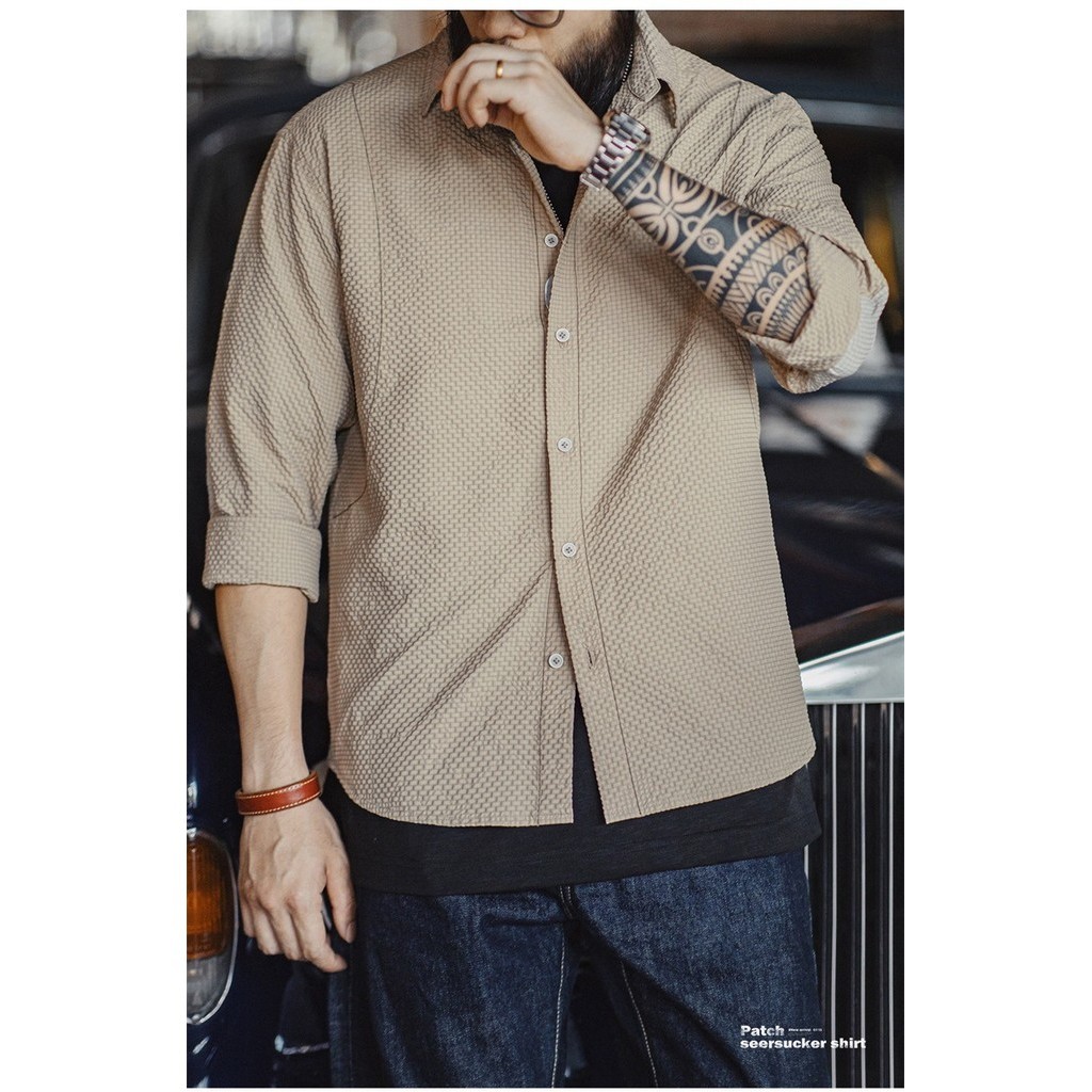 100g Casual Seersucker Non-Iron Long-Sleeved Shirt Texture Thin Lapel Shirt Jacket Men Autumn