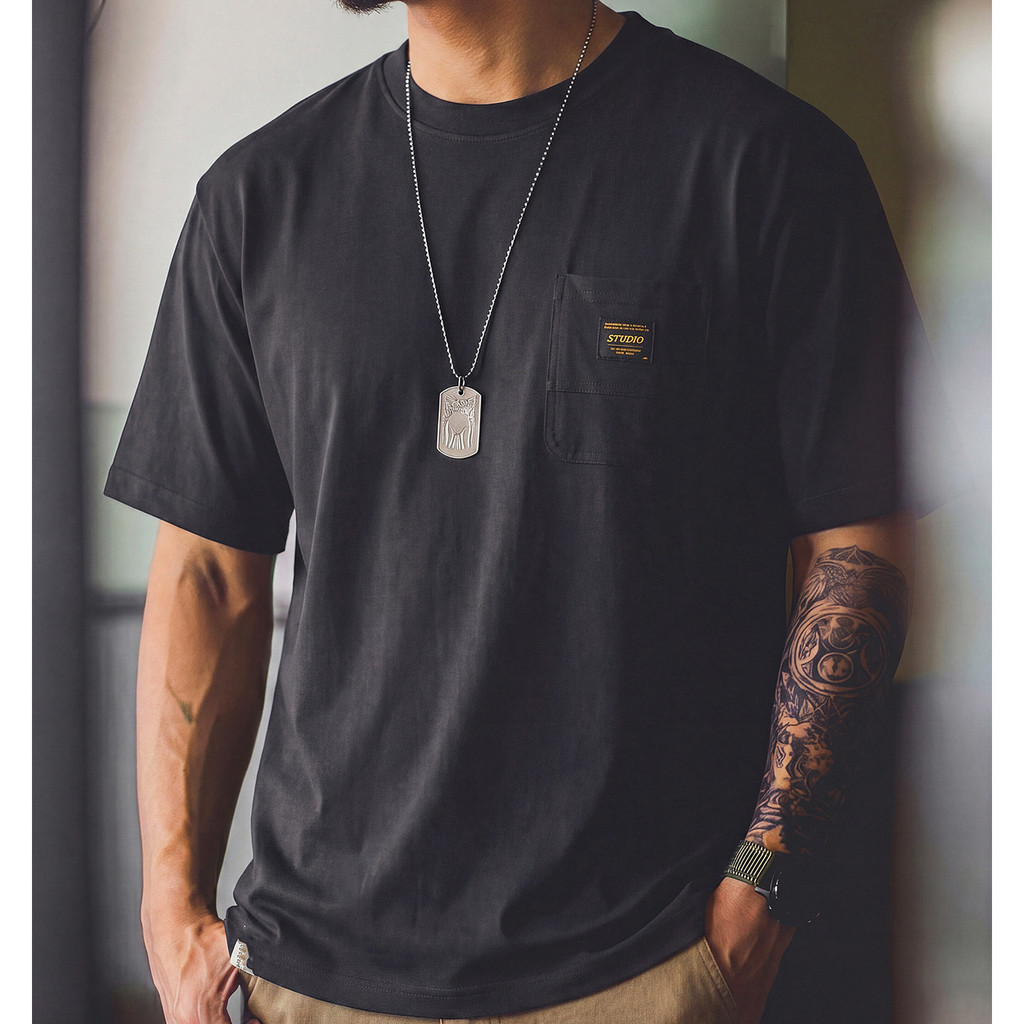 Wuluwear American Retro Tooling Pocket T-Shirt Male Lyocell Cool Breathable Short-Sleeved Summer Loose Stretch Casual Top