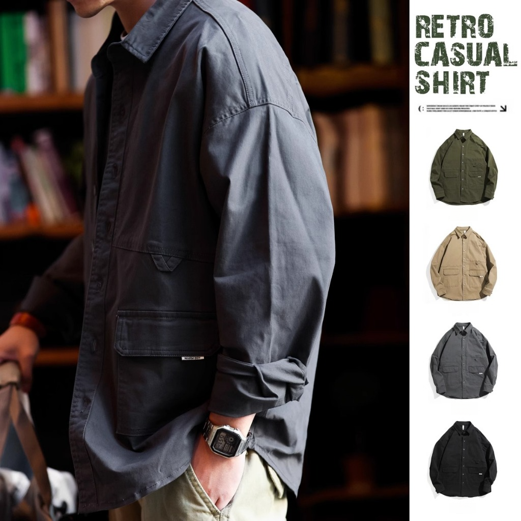 Casual Outdoor Multi-pocket Overalls Shirt Men's Outer Wear Loose Retro Heavy Industry Washed Shirt Autumn