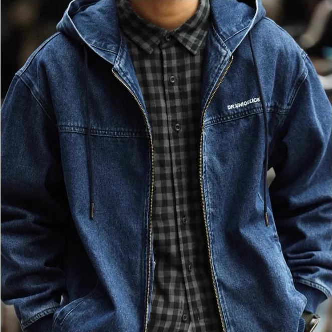 American Casual Hooded Denim Jacket Men Loose Denim Washed Heavy Zipper Cargo Jacket