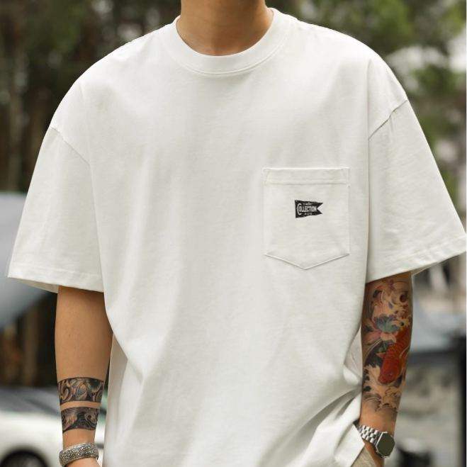 Wuluwear American Style 280g Short-Sleeved T-Shirt Men's Pocket Design Pure Cotton Casual Half-Sleeved Bottoming Shirt