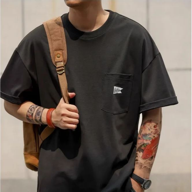 Wuluwear American Style 280g Short-Sleeved T-Shirt Men's Pocket Design Pure Cotton Casual Half-Sleeved Bottoming Shirt