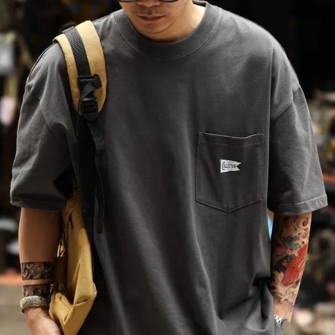 Wuluwear American Style 280g Short-Sleeved T-Shirt Men's Pocket Design Pure Cotton Casual Half-Sleeved Bottoming Shirt