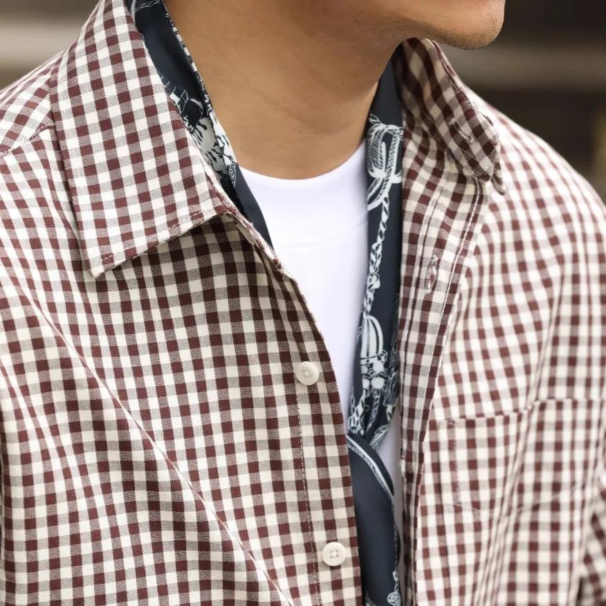 Wuluwear American Casual 175g Thin Checked Shirt Men Loose Oxford Spinning Retro Long-Sleeved Layered Shirt