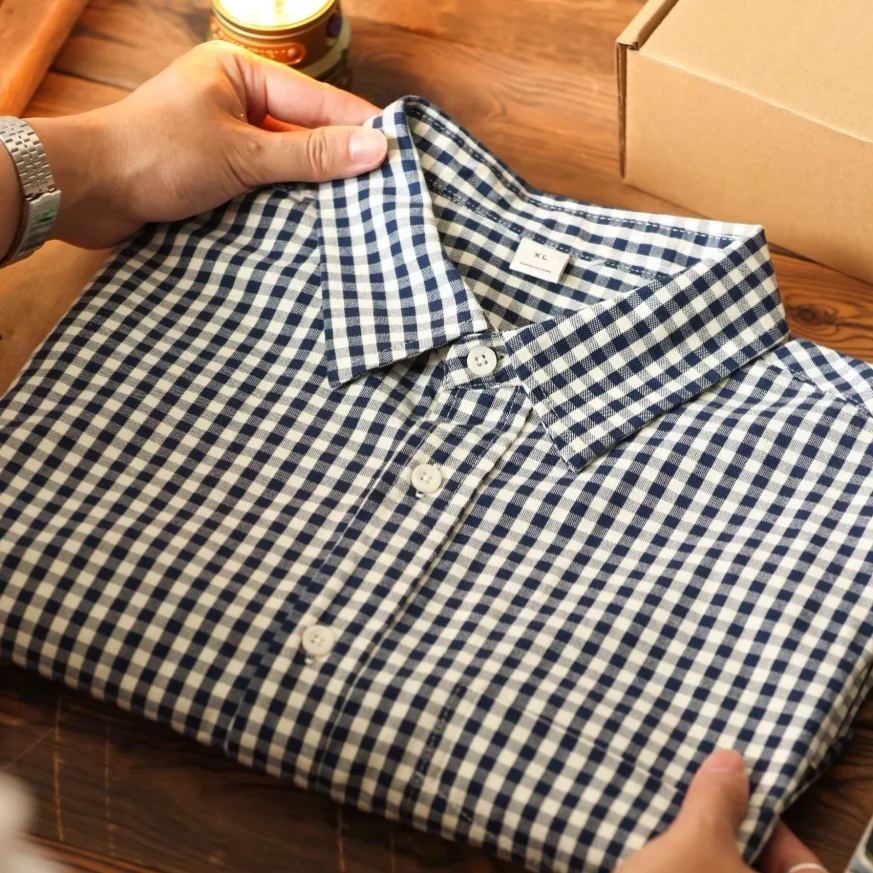 Wuluwear American Casual 175g Thin Checked Shirt Men Loose Oxford Spinning Retro Long-Sleeved Layered Shirt