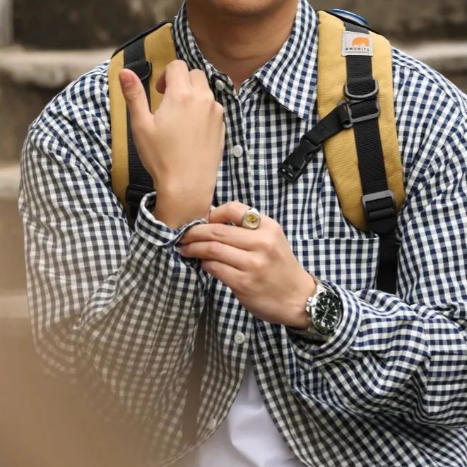 Wuluwear American Casual 175g Thin Checked Shirt Men Loose Oxford Spinning Retro Long-Sleeved Layered Shirt