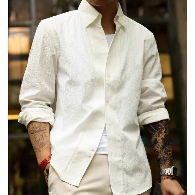 Wuluwear American Micro-Pleated Striped Texture Long-Sleeved Shirt Men Yuppie Old Money Style Casual Shirt Autumn