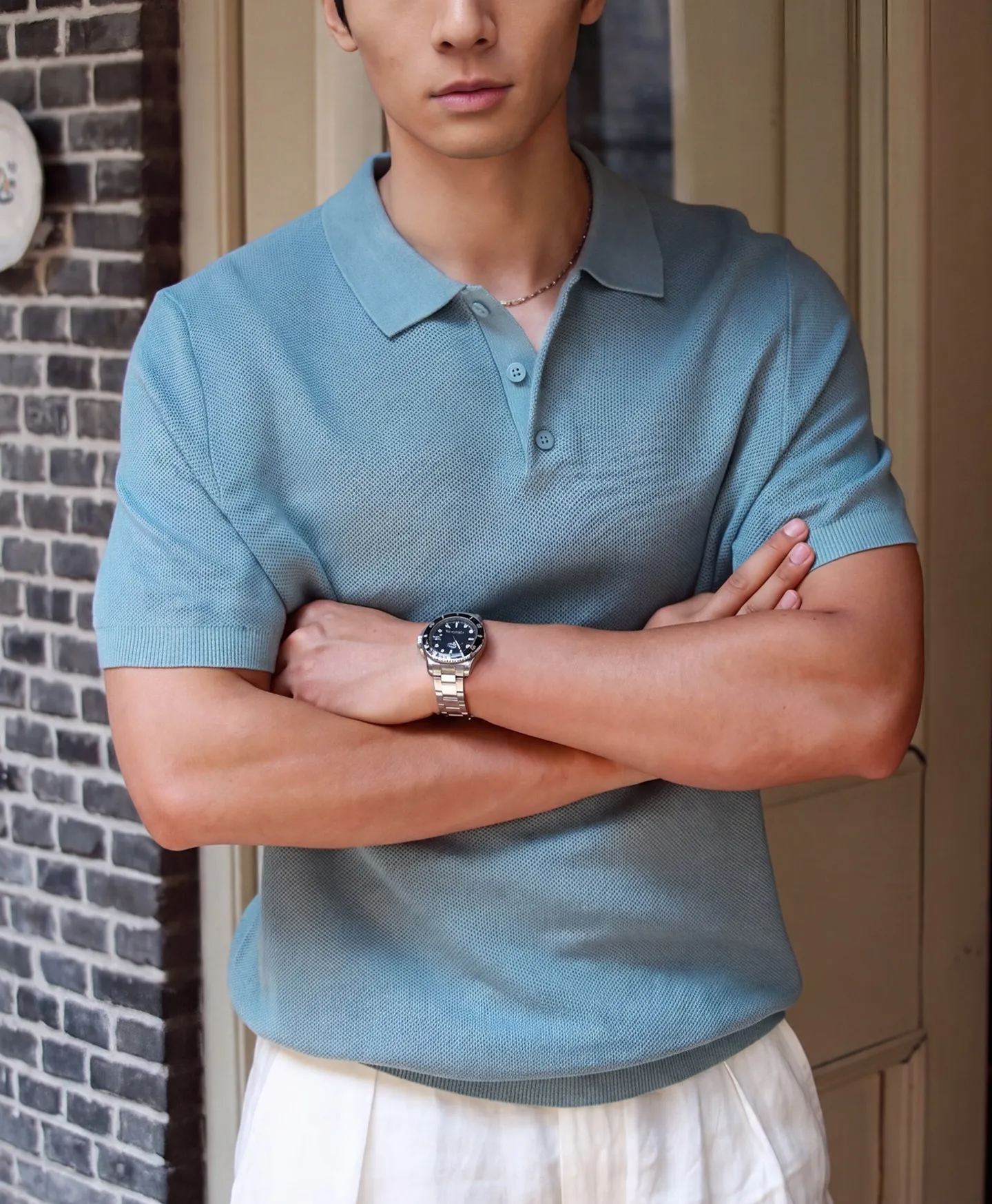 Wuluwear Linen Short-Sleeve Men's Polo Shirt Lyocell Breathable Mesh Collar Knit T-Shirt