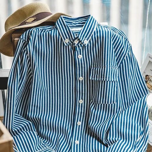 Striped Shirt Men Retro American Blue Denim Thick Vertical Striped Shirt Long-Sleeved Lapel Shirt Men's Trendy