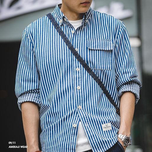Striped Shirt Men Retro American Blue Denim Thick Vertical Striped Shirt Long-Sleeved Lapel Shirt Men's Trendy