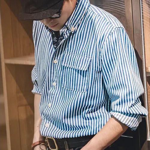 Striped Shirt Men Retro American Blue Denim Thick Vertical Striped Shirt Long-Sleeved Lapel Shirt Men's Trendy