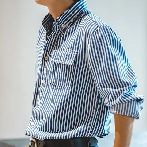 Striped Shirt Men Retro American Blue Denim Thick Vertical Striped Shirt Long-Sleeved Lapel Shirt Men's Trendy