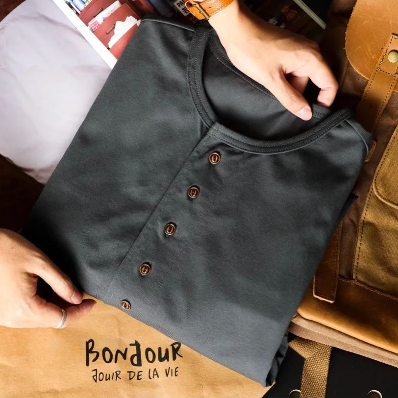 240g Henry Collar Short-Sleeved T-Shirt Men Stitching Cut Multi-Button Casual polo Shirt