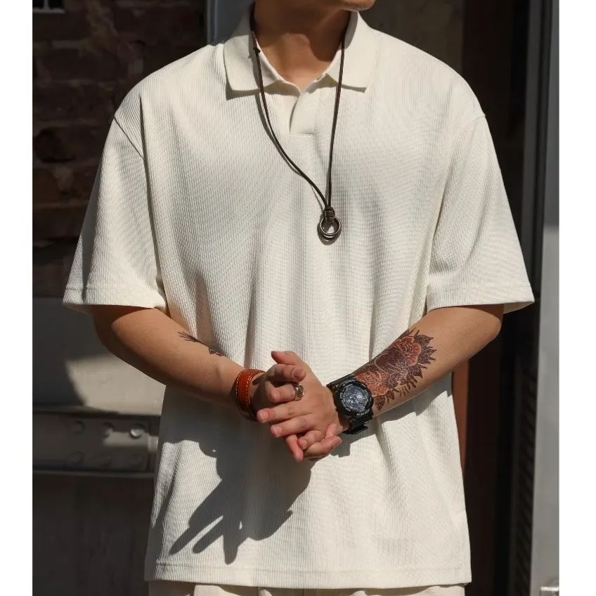 240g Casual Vertical Striped Texture Small V-Neck Short-Sleeved T-Shirt Men Three-Dimensional Braided polo Shirt