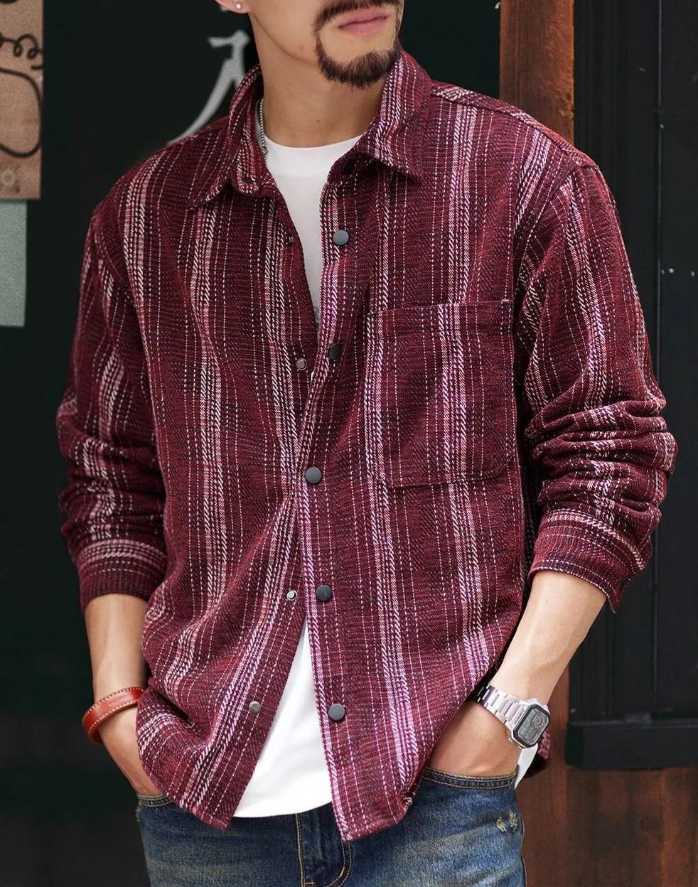 Chenille Striped Jacquard Long-Sleeved Shirt Men Loose Naples Shirt