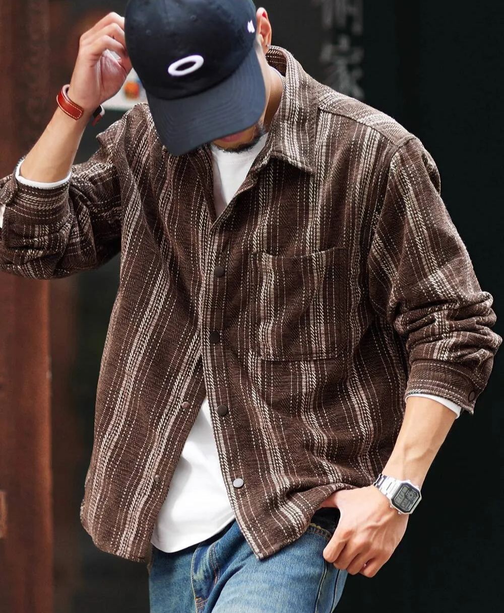 Chenille Striped Jacquard Long-Sleeved Shirt Men Loose Naples Shirt