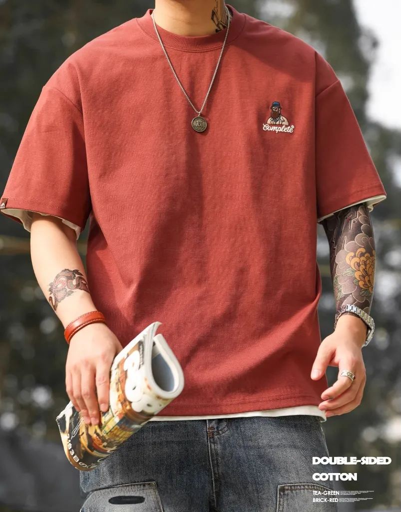 210g Casual Fun Embroidered Short-Sleeved T-Shirt Men Double-Sided Cotton Encore Red Bottoming Shirt