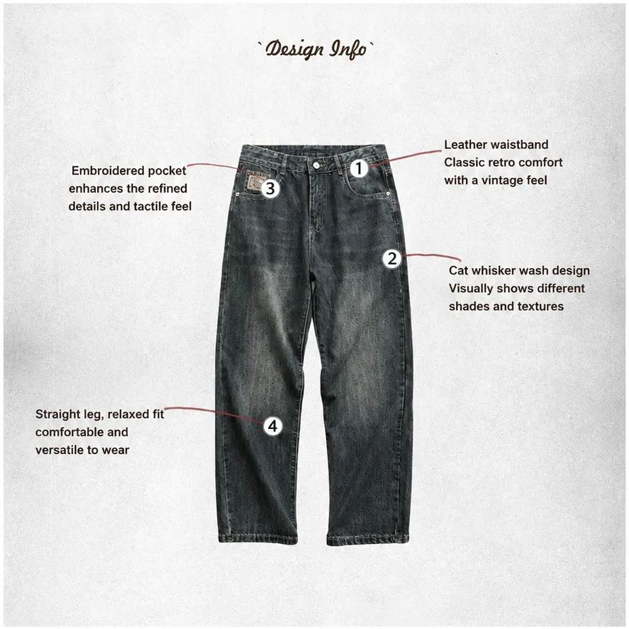 Washed Blue Jeans Loose Straight Pendant Casual Wide-Leg Dad Long Pants