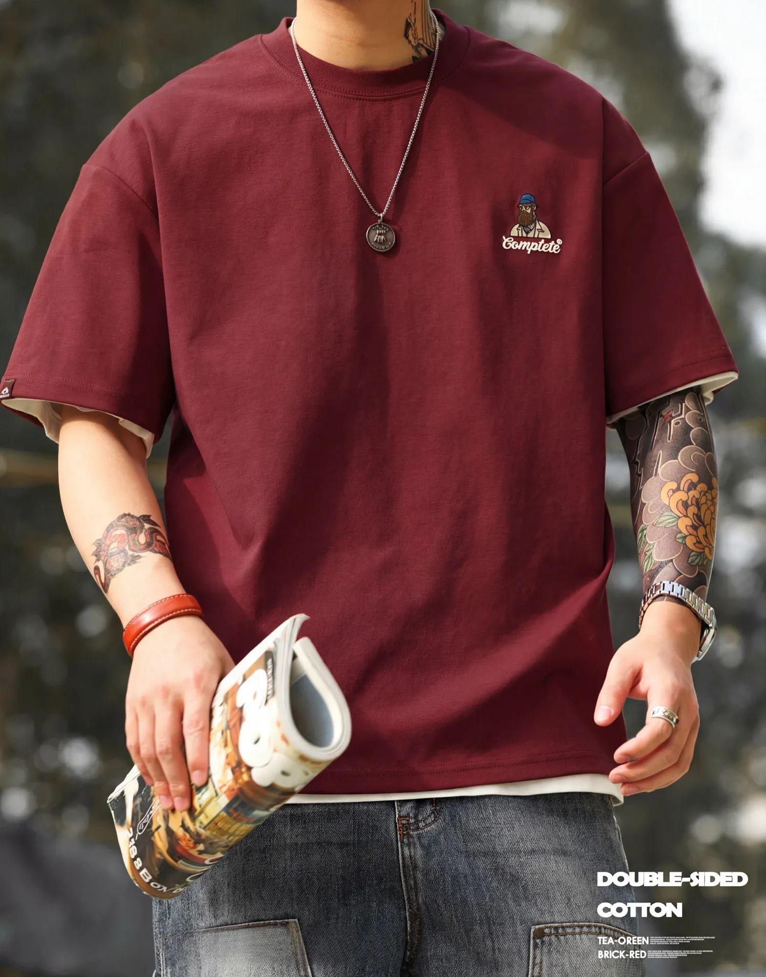 210g Casual Fun Embroidered Short-Sleeved T-Shirt Men Double-Sided Cotton Encore Red Bottoming Shirt