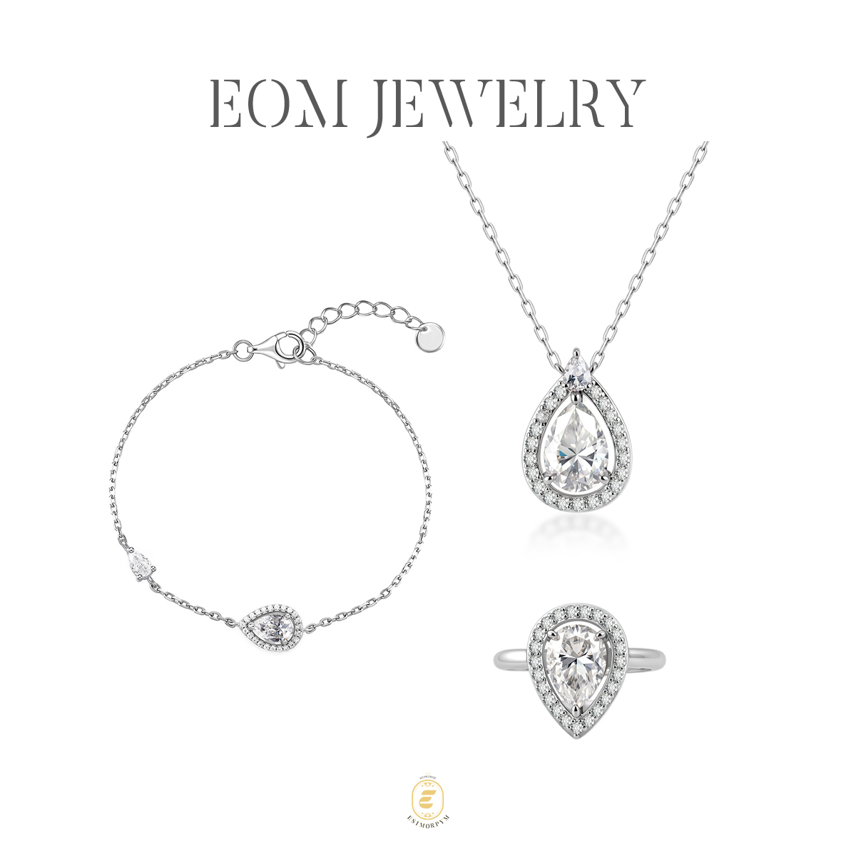 Moissanite Moonlight Drop Halo Jewelry Set Luminous Pear Cut Ring Necklace Bracelet Trio Set