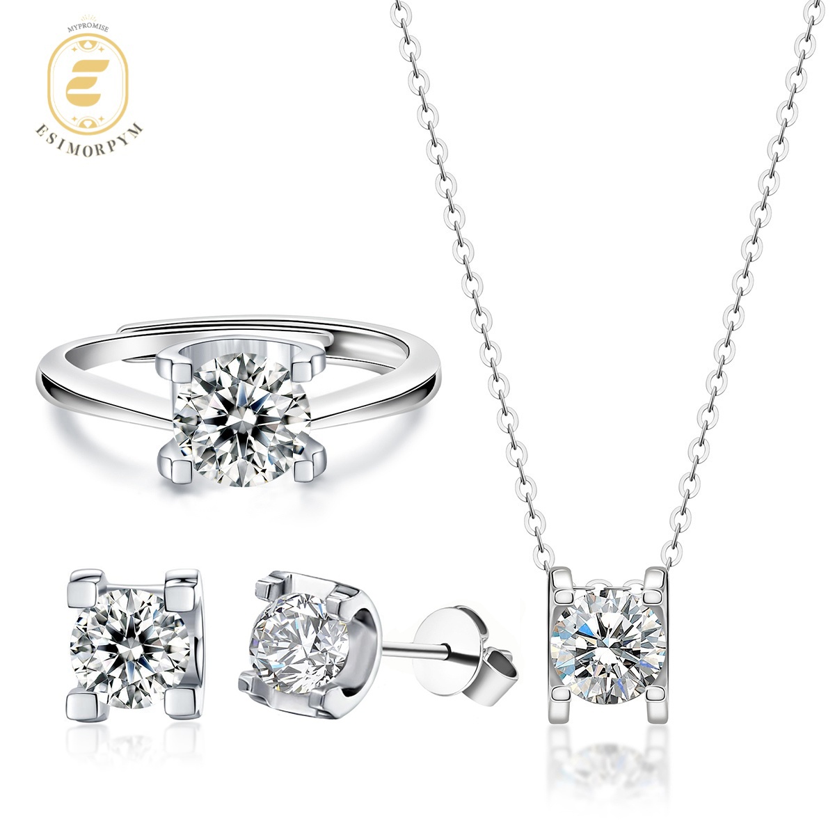 Moissanite 1ct Classic Solitaire Prong Jewelry Set Earrings Ring Necklace Set