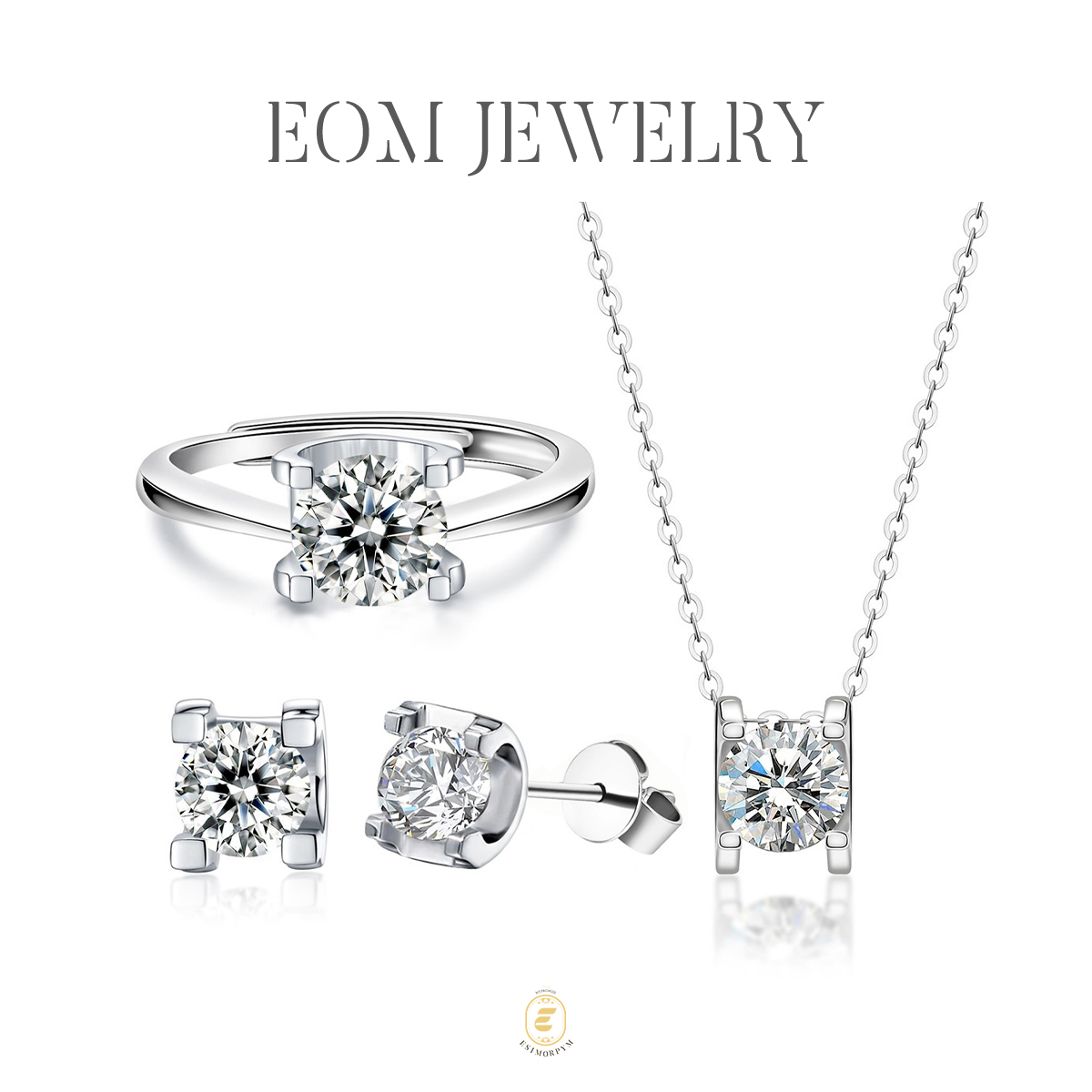 Moissanite 1ct Classic Solitaire Prong Jewelry Set Earrings Ring Necklace Set