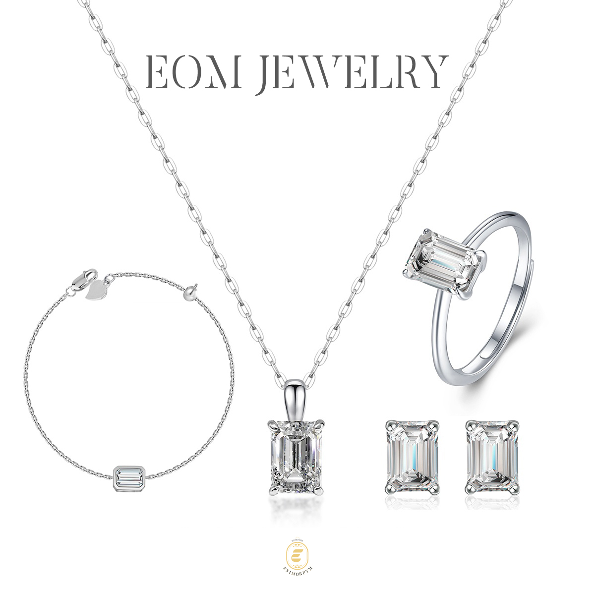 Moissanite 1ct Solitaire Step Cut Jewelry Set Earrings Ring Necklace Bracelet Set