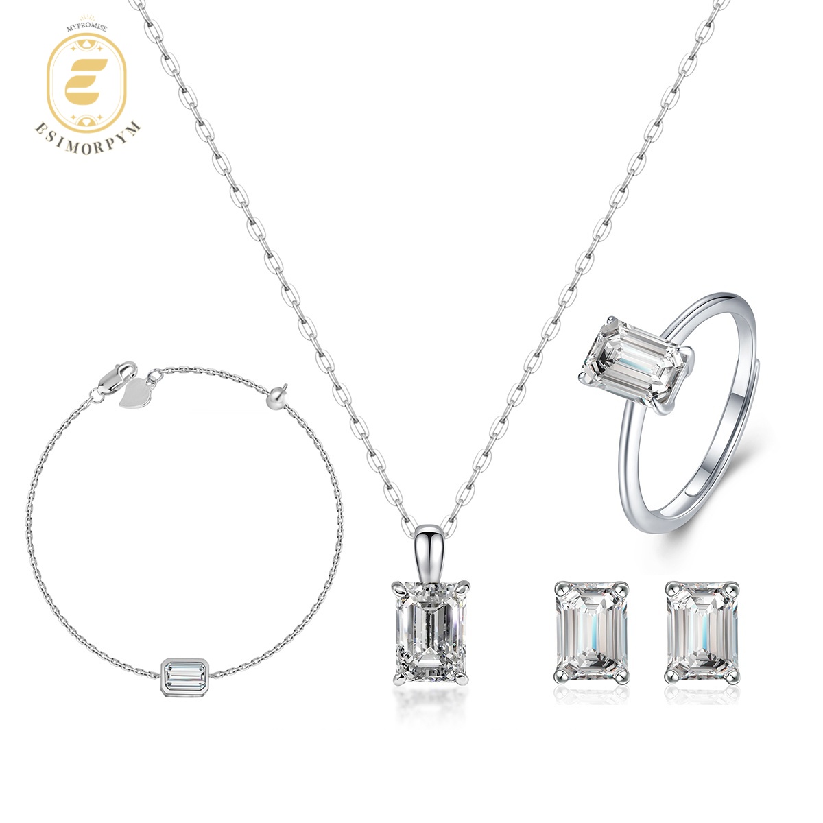Moissanite 1ct Solitaire Step Cut Jewelry Set Earrings Ring Necklace Bracelet Set