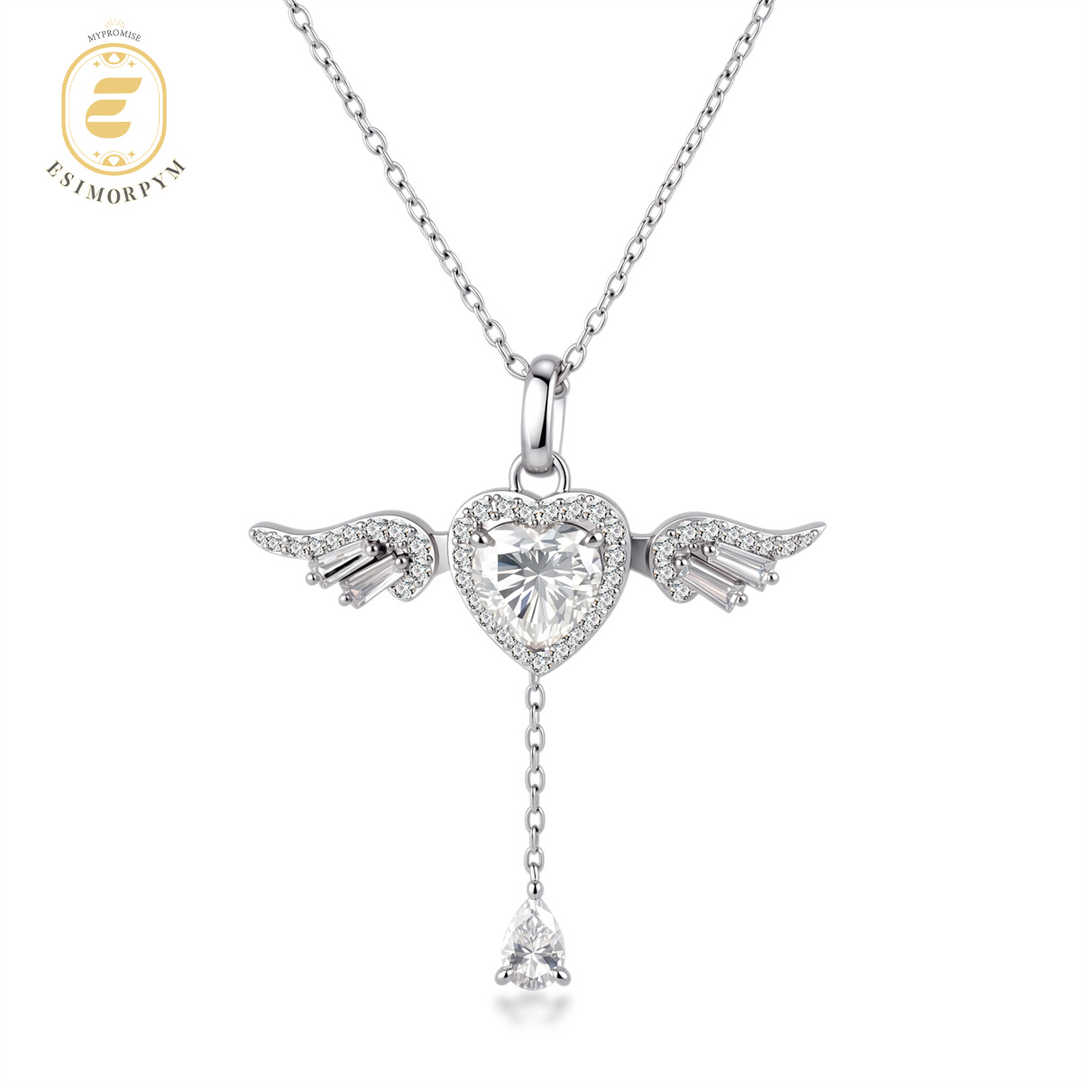 Moissanite 3.2ct Angel Wing Heart Pendant Necklace