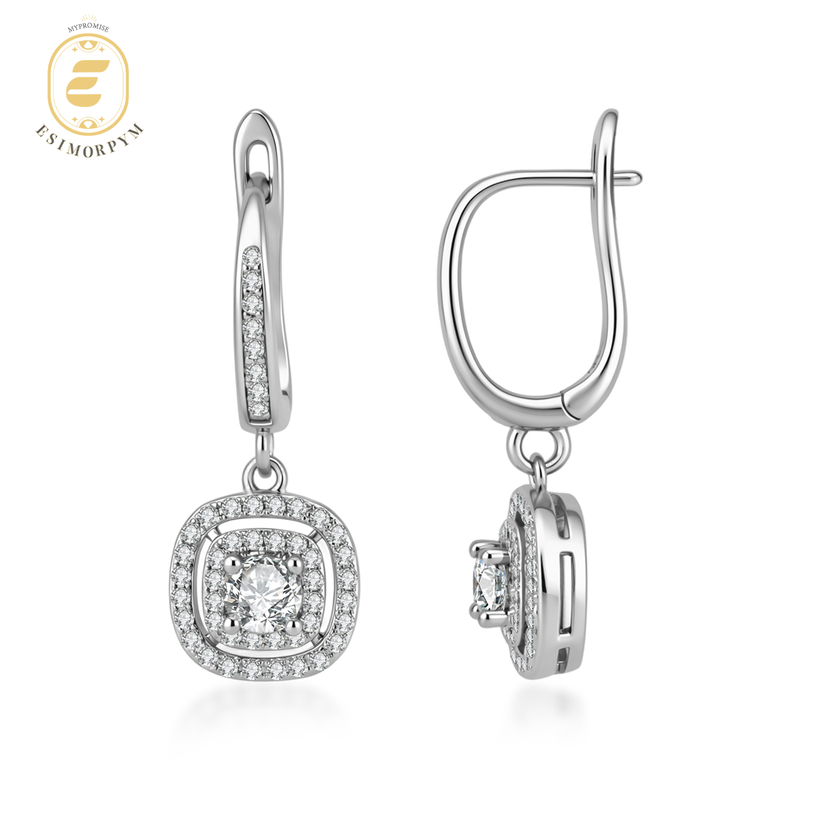 Moissanite Shimmering Square Halo Drop Earrings